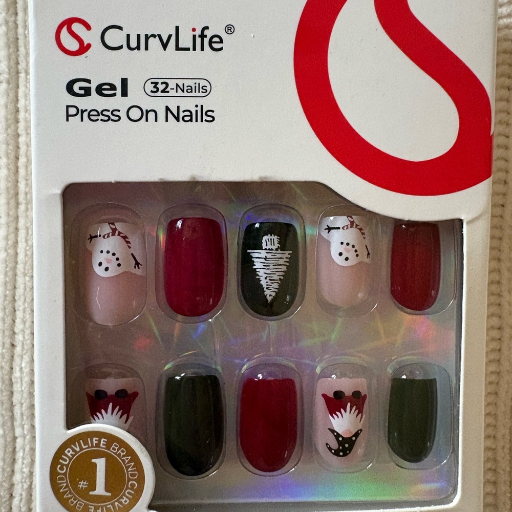 New Curvlife Gel Press-On Nails - Red, Green & Nude Holiday Set (32 Nails)